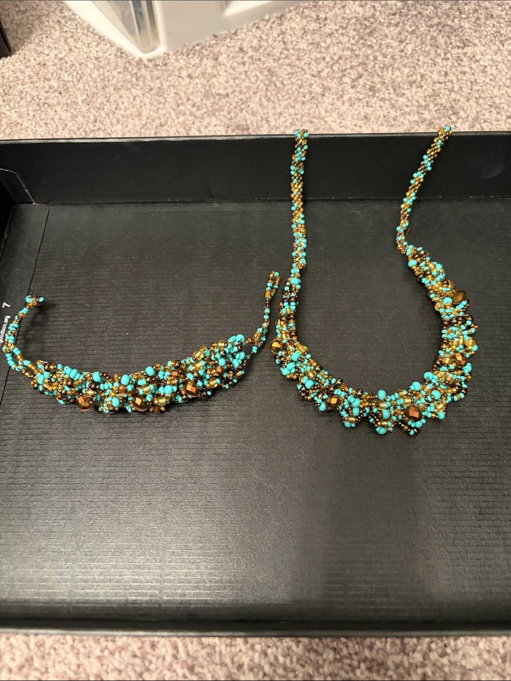 Turquoise and Gold Beaded Cluster Necklace Set